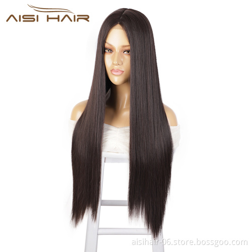 Aisi Hair 30 Inch Long Silky Straight Brown Wig Middle Part Swiss Lace Wigs Synthetic Lace Front Hair Wigs For Black Women